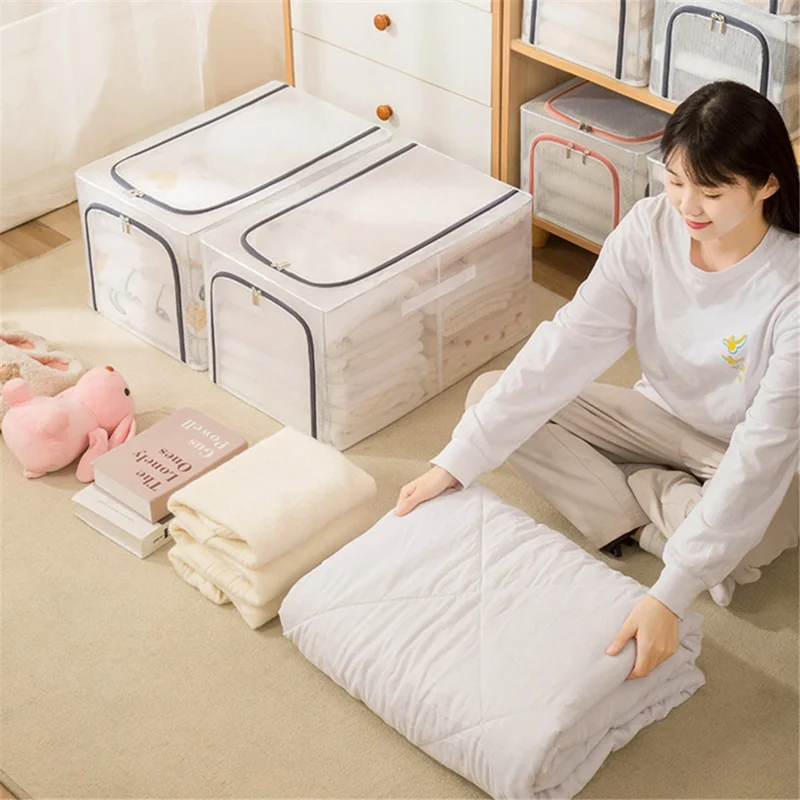 55L Storage Box Transparent PVC Metal Frame Organizer for Clothes Blankets Bedding - Pink