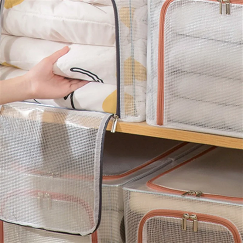 55L Storage Box Transparent PVC Metal Frame Organizer for Clothes Blankets Bedding - Pink