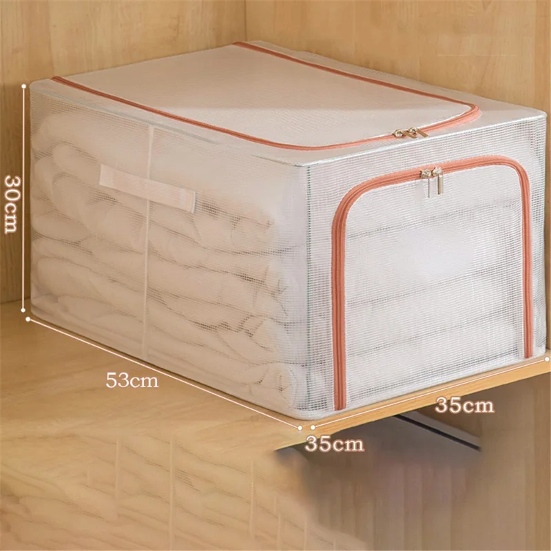 55L Storage Box Transparent PVC Metal Frame Organizer for Clothes Blankets Bedding - Pink