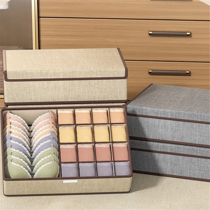 JJTZ 32 x 26 x 12cm Cassetto Stile 13 Griglie Scatola di Immagazzinaggio per Mutande Calze Organizzatore con Coperchio - Beige 