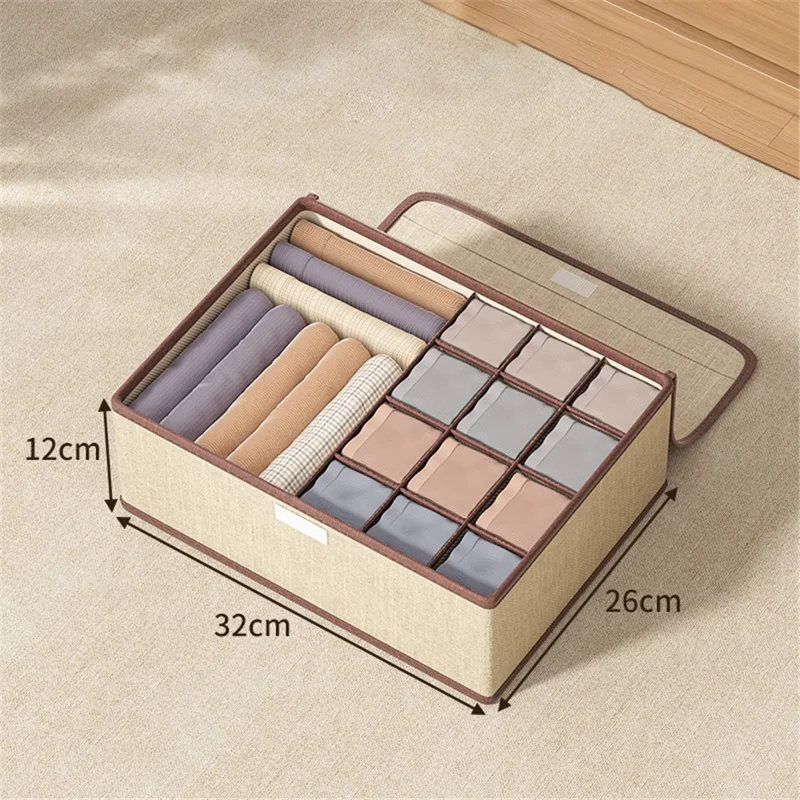 JJTZ 32 x 26 x 12cm Cassetto Stile 13 Griglie Scatola di Immagazzinaggio per Mutande Calze Organizzatore con Coperchio - Beige 