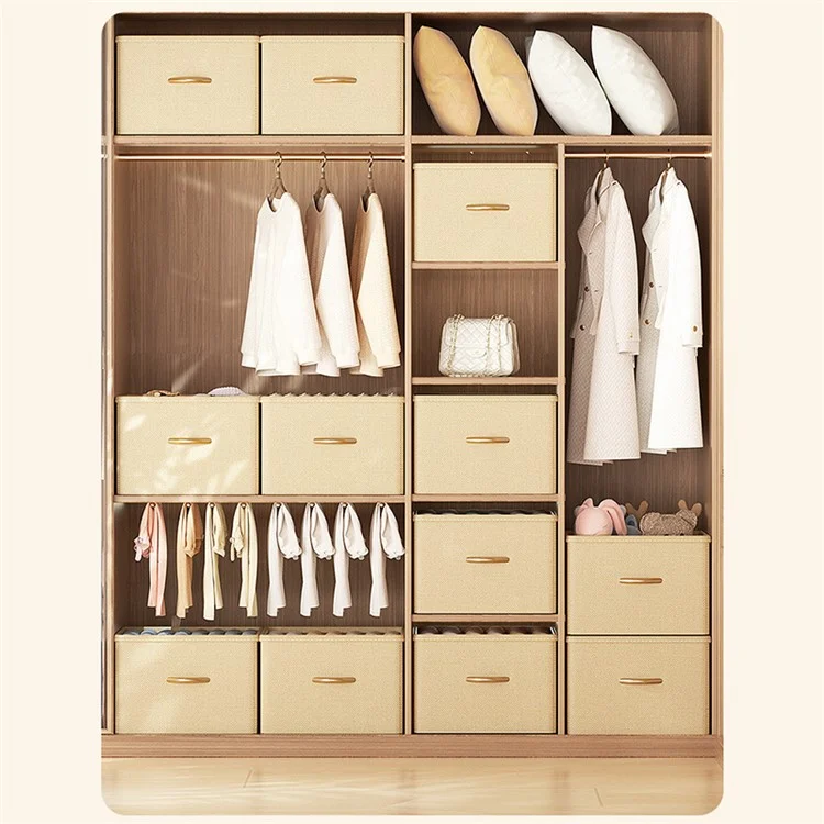 Size L Wardrobe Clothes Organizer Closet Storage Box with Handle for Jeans Shirts - Beige