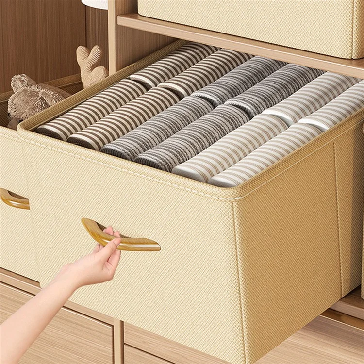 Size L Wardrobe Clothes Organizer Closet Storage Box with Handle for Jeans Shirts - Beige