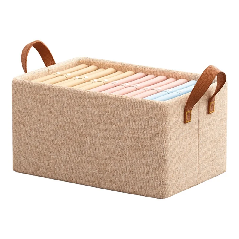 12L Foldable Storage Box Metal Frame Imitation Linen Organizer for Wardrobe Closet - Beige