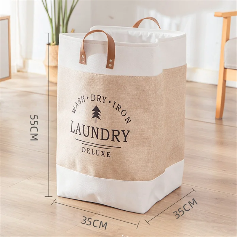 Foldable Laundry Basket Dirty Clothes Storage Bag Oxford Cloth Handbag with Handle Strap - Beige