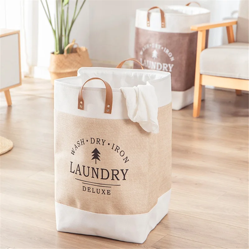 Foldable Laundry Basket Dirty Clothes Storage Bag Oxford Cloth Handbag with Handle Strap - Beige