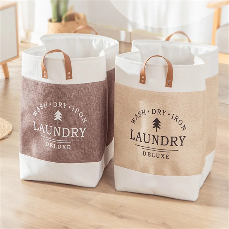 Foldable Laundry Basket Dirty Clothes Storage Bag Oxford Cloth Handbag with Handle Strap - Beige