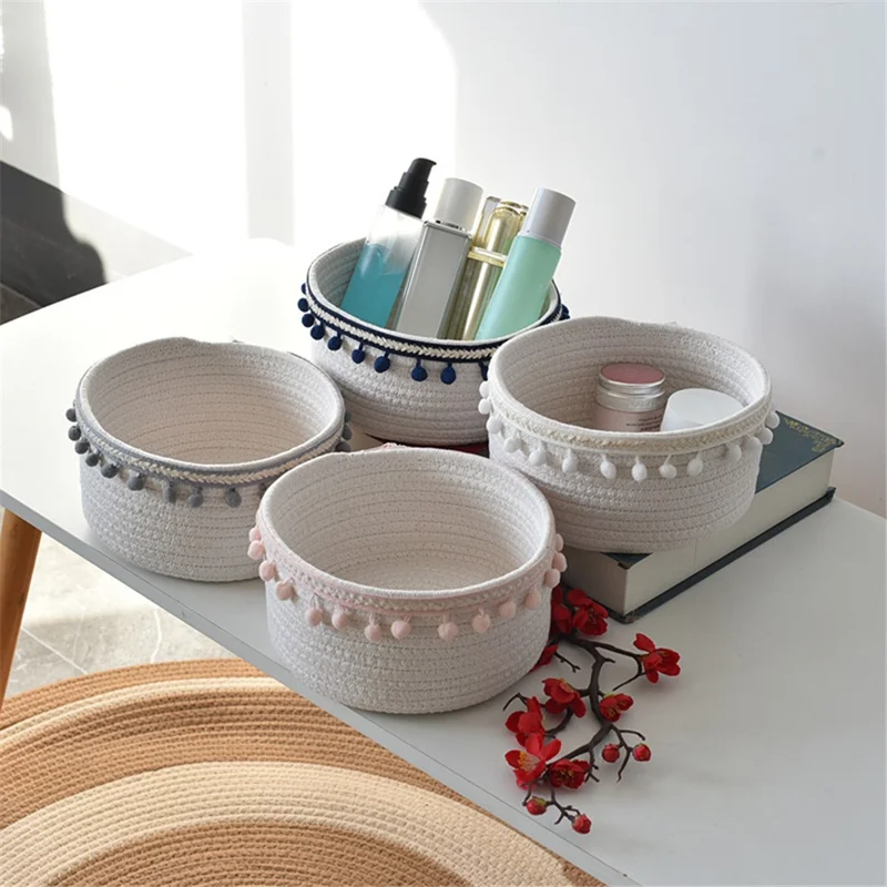 Woven Cotton Rope Storage Basket Desktop Storage Holder with Pompom Tassel - Grey Pompom