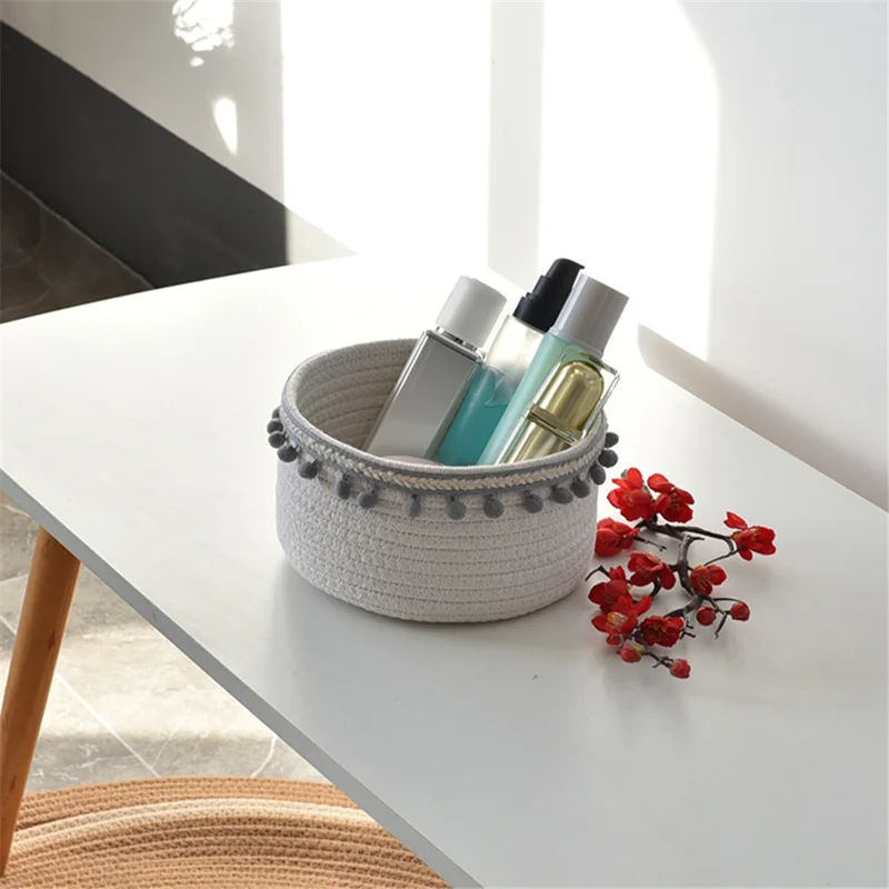 Woven Cotton Rope Storage Basket Desktop Storage Holder with Pompom Tassel - Grey Pompom