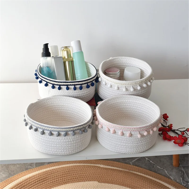 Woven Cotton Rope Storage Basket Desktop Storage Holder with Pompom Tassel - Grey Pompom