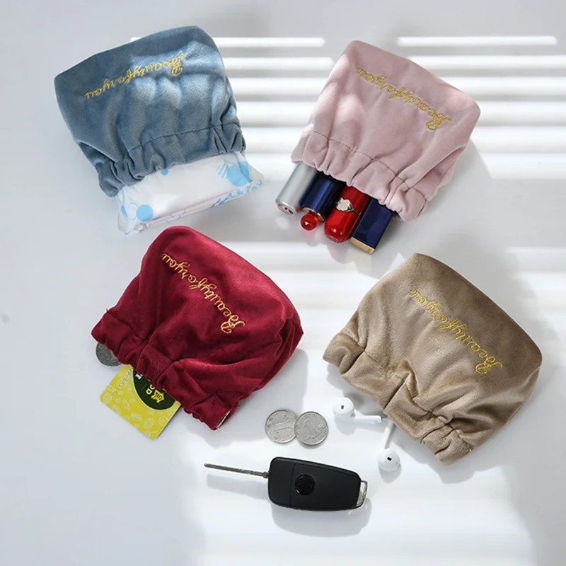 ZP021 Multi-function Automatic Closing Lipstick Pouch Portable Velvet Cable Organizer Bag - Black