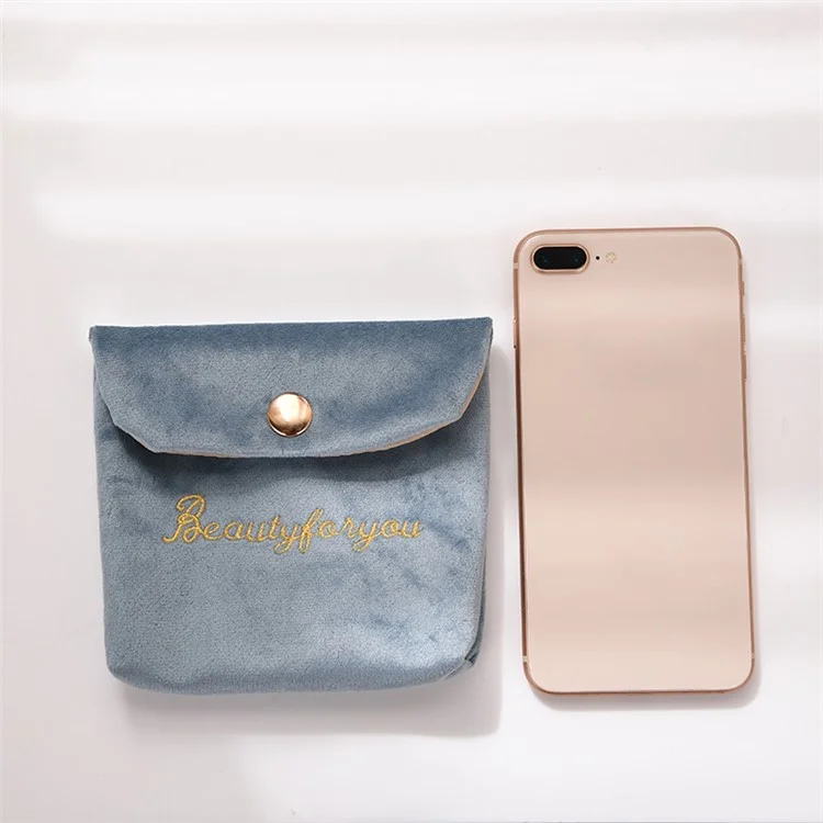 ZP022 Portable Storage Bag Card Earphone Charger Velvet Small Pouch with Snap Button Closure - Blue