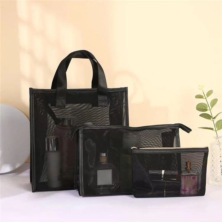 048+050+052 3Pcs Portable See-through Nylon Mesh Travel Makeup Bag Set