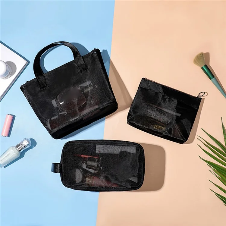 048+050+052 3Pcs Portable See-through Nylon Mesh Travel Makeup Bag Set