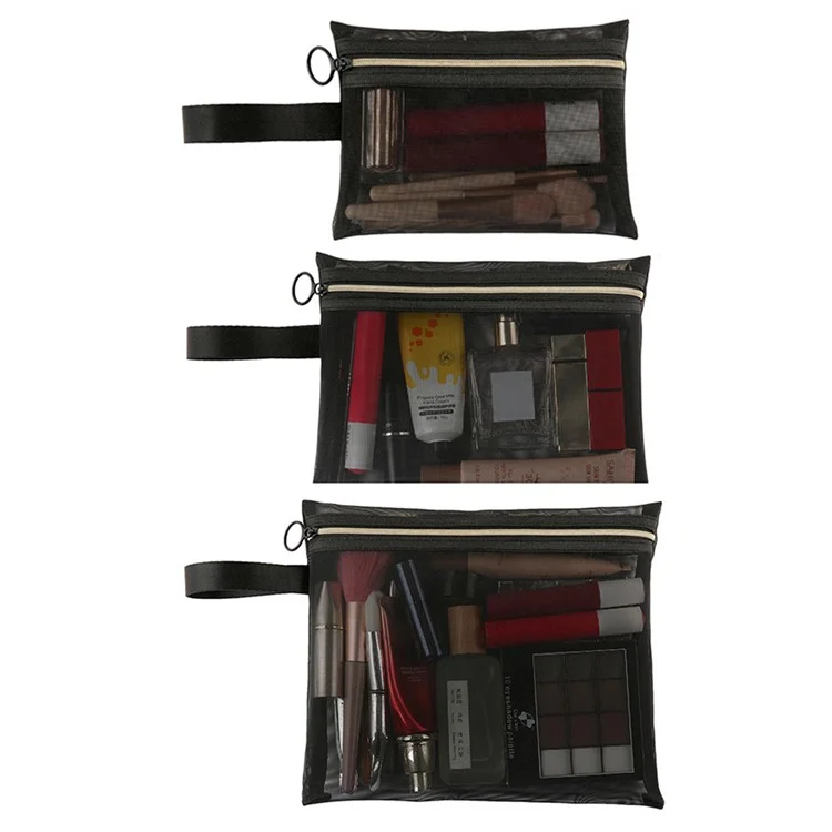 ZP044 / ZP045 / ZP046 3Pcs Nylon Mesh Travel Flat Makeup Bag Set with Carrying Handle