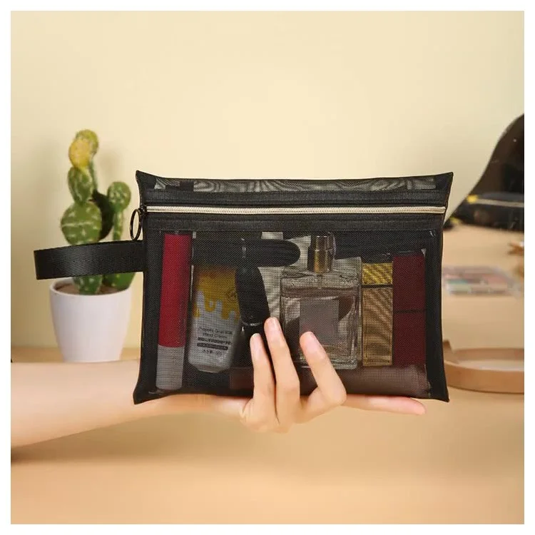 ZP044 / ZP045 / ZP046 3Pcs Nylon Mesh Travel Flat Makeup Bag Set with Carrying Handle