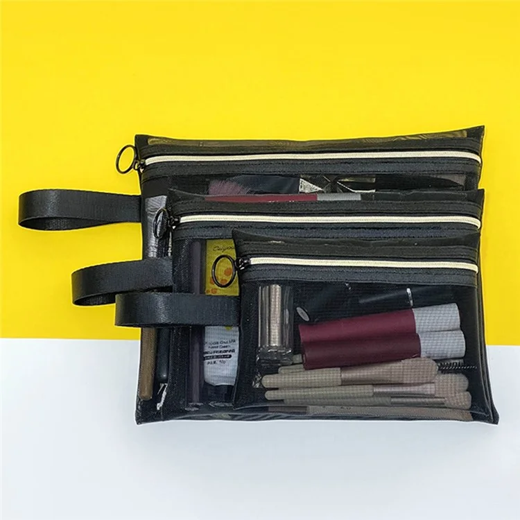 ZP044 / ZP045 / ZP046 3Pcs Nylon Mesh Travel Flat Makeup Bag Set with Carrying Handle