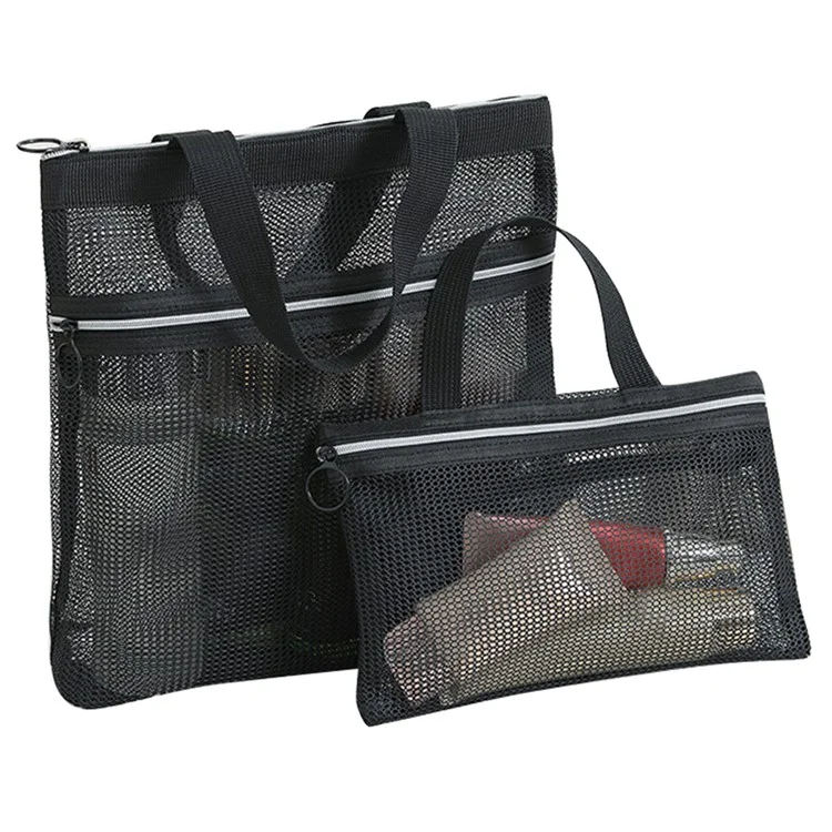 ZP064+ZP065 2Pcs / Set Toiletry Bag See-through Mesh Tote Bag Travel Makeup Bag - Black