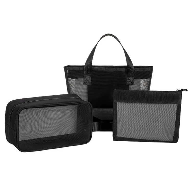 029+030+031 3Pcs / Set Beach Tote Nylon Mesh Toiletry Bag Travel Makeup Bag, without Letter