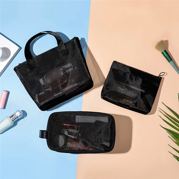 029+030+031 3Pcs / Set Beach Tote Nylon Mesh Toiletry Bag Travel Makeup Bag, without Letter