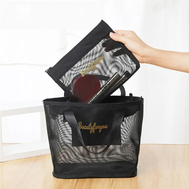 029+030+031 3Pcs / Set Beach Tote Nylon Mesh Toiletry Bag Travel Makeup Bag, without Letter