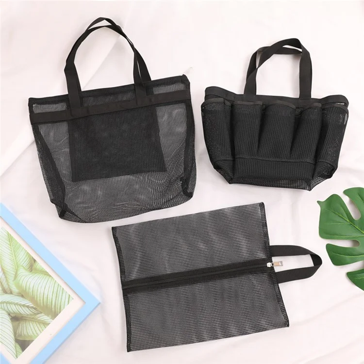 025+024+026 3Pcs Bath Sauna Mesh Bag Travel Makeup Bag Tote Bag Shoe Bag for Beach - Black