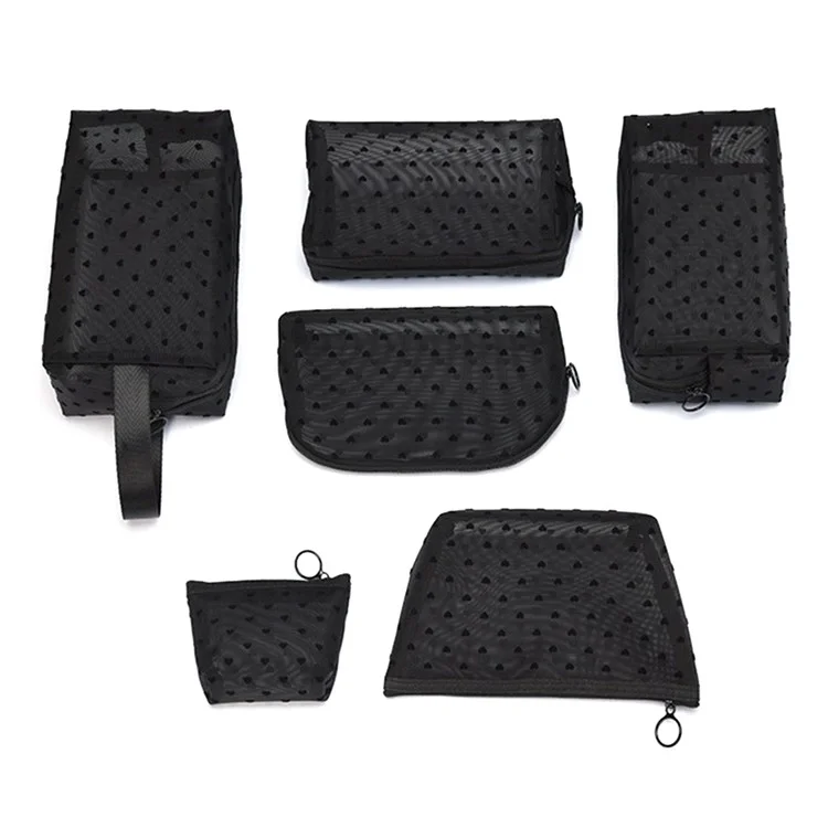 zp05 6Pcs Mini Mesh Makeup Bag Heart Pattern Mesh Pouch Travel Cosmetic Organizer - Black+Black Heart