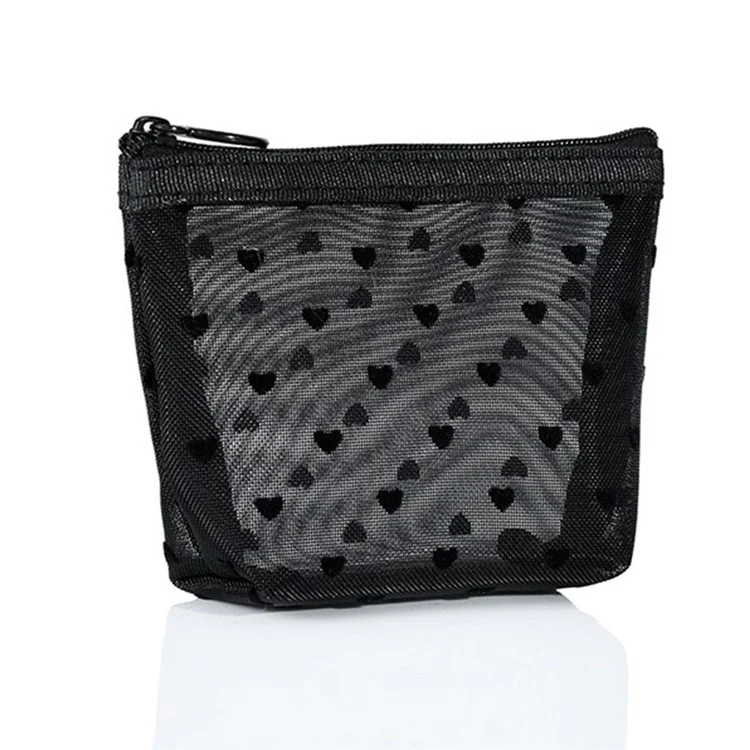 zp05 6Pcs Mini Mesh Makeup Bag Heart Pattern Mesh Pouch Travel Cosmetic Organizer - Black+Black Heart