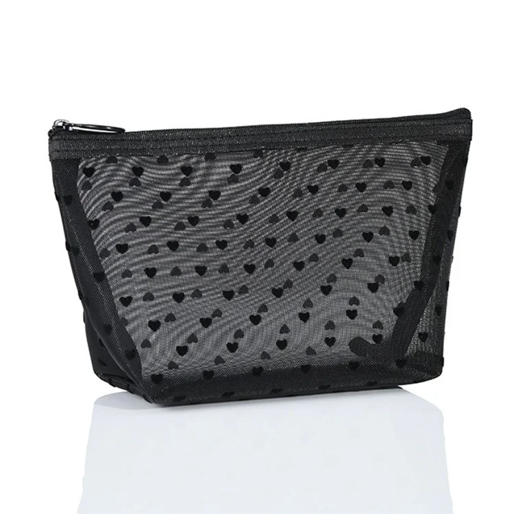 zp05 6Pcs Mini Mesh Makeup Bag Heart Pattern Mesh Pouch Travel Cosmetic Organizer - Black+Black Heart