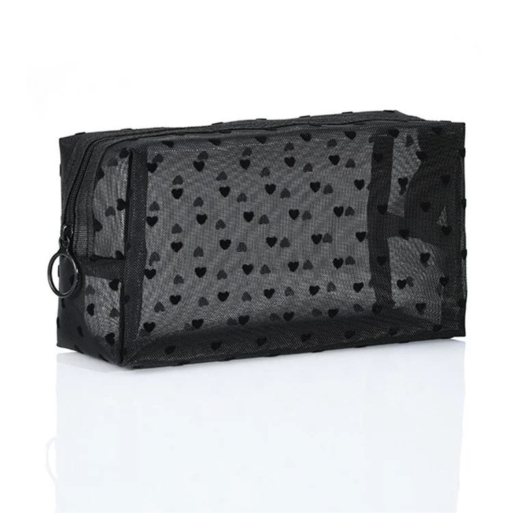 zp05 6Pcs Mini Mesh Makeup Bag Heart Pattern Mesh Pouch Travel Cosmetic Organizer - Black+Black Heart