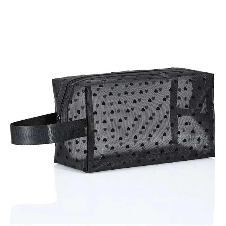 zp05 6Pcs Mini Mesh Makeup Bag Heart Pattern Mesh Pouch Travel Cosmetic Organizer - Black+Black Heart