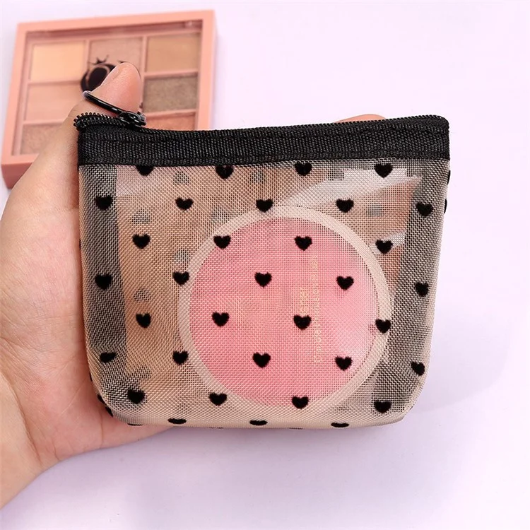 zp05 6Pcs Mini Mesh Makeup Bag Heart Pattern Mesh Pouch Travel Cosmetic Organizer - Black+Black Heart