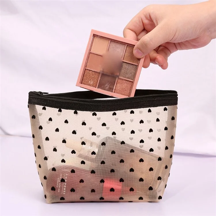 zp05 6Pcs Mini Mesh Makeup Bag Heart Pattern Mesh Pouch Travel Cosmetic Organizer - Black+Black Heart
