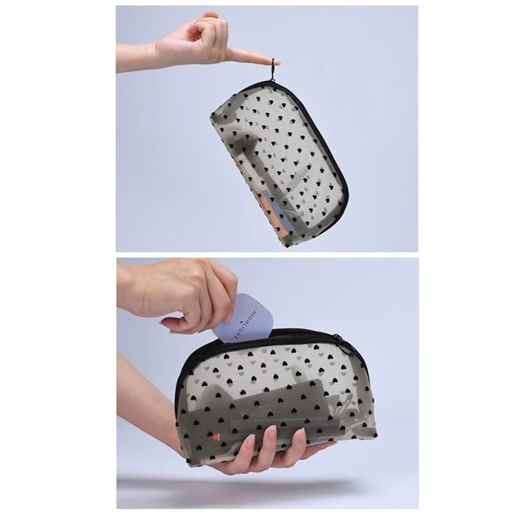 zp05 6Pcs Mini Mesh Makeup Bag Heart Pattern Mesh Pouch Travel Cosmetic Organizer - Black+Black Heart