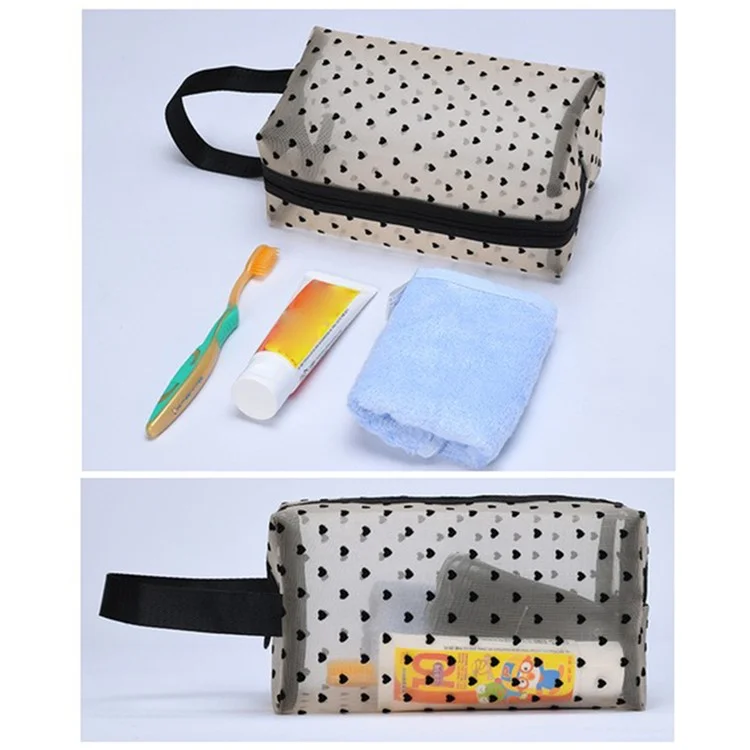 zp05 6Pcs Mini Mesh Makeup Bag Heart Pattern Mesh Pouch Travel Cosmetic Organizer - Black+Black Heart
