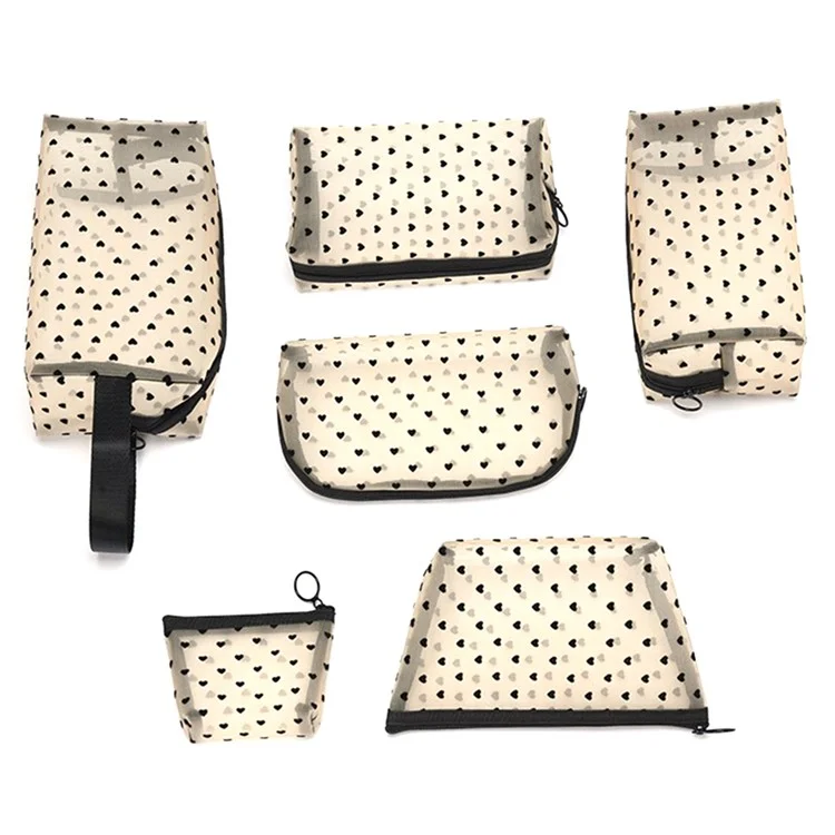 zp05 6Pcs Mini Mesh Makeup Bag Heart Pattern Mesh Pouch Travel Cosmetic Organizer - Beige+Black Heart