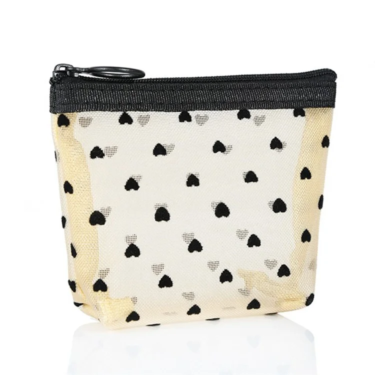 zp05 6Pcs Mini Mesh Makeup Bag Heart Pattern Mesh Pouch Travel Cosmetic Organizer - Beige+Black Heart