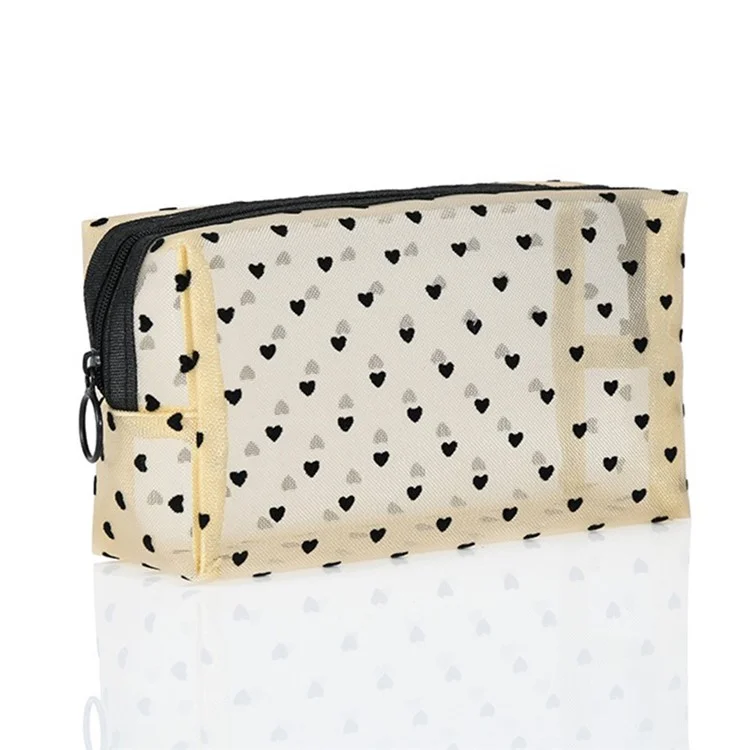 zp05 6Pcs Mini Mesh Makeup Bag Heart Pattern Mesh Pouch Travel Cosmetic Organizer - Beige+Black Heart
