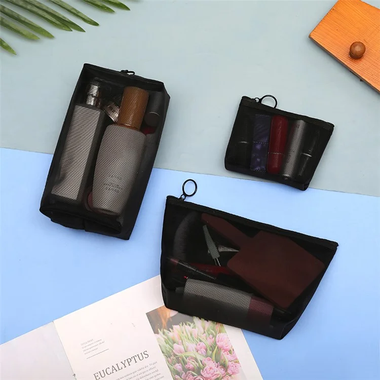 ZP01 / ZP02 / ZP03 3Pcs See-through Nylon Mesh Travel Cosmetic Storage Bag Makeup Pouch
