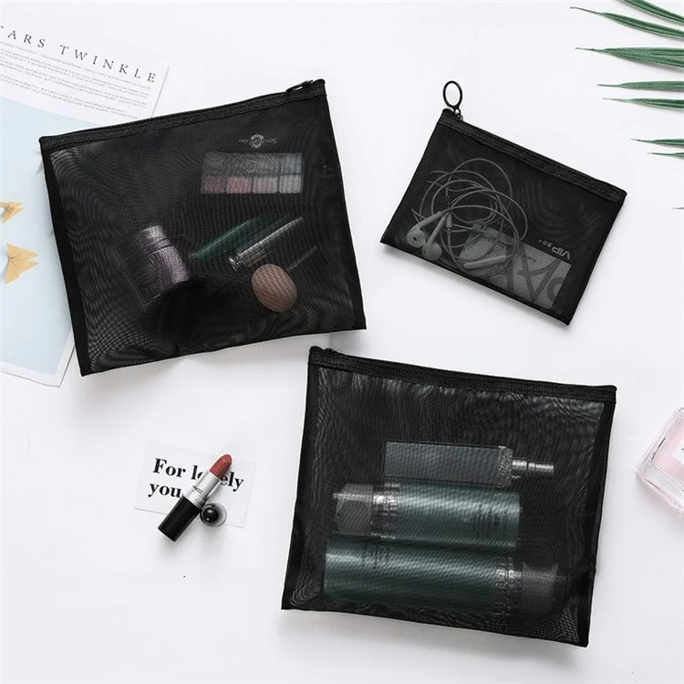 ZP06 / ZP07 / ZP08 3Pcs / Set Flat Cosmetic Pouch Travel Nylon Mesh Makeup Bag