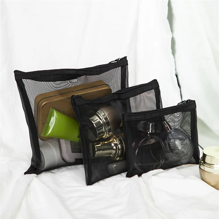 ZP06 / ZP07 / ZP08 3Pcs / Set Flat Cosmetic Pouch Travel Nylon Mesh Makeup Bag