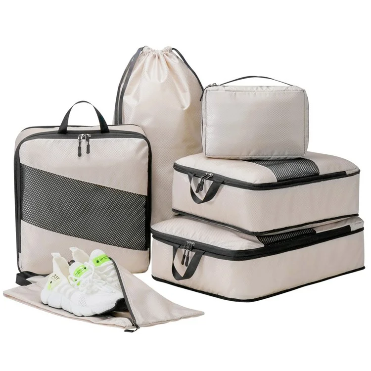 LG6S074 6-Piece Expandable Clothing Storage Bag Travel Organizer Set - Beige