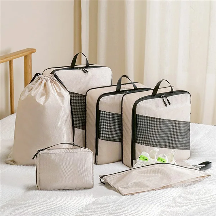 LG6S074 6-Piece Expandable Clothing Storage Bag Travel Organizer Set - Beige