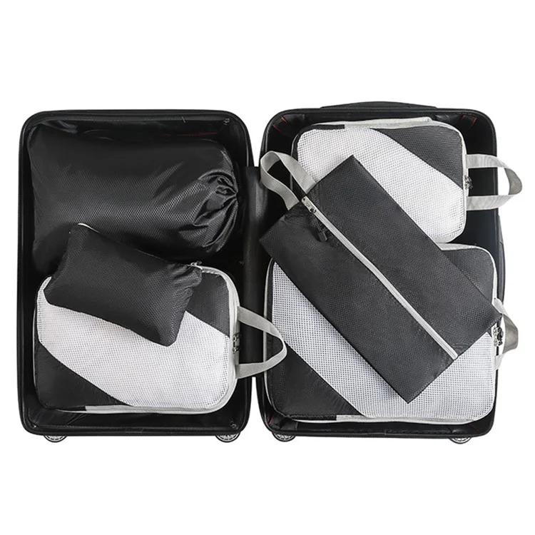 6Pcs Sac de Rangement Mesh de Voyage Sac de Compression Bagage Jeu d'Emballage - Noir