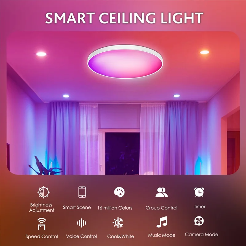 LED Ceiling Light Adjustable 48W EU Plug Smart Night Light Lamp for Living Bed Dining Room House - EU Plug