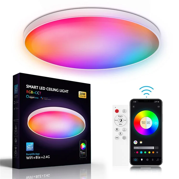 Luz de Teto LED ZJ-BWCLAH-RGBWW-R12C2 de 30W Smart Night Light Lamp com Controle de Voz para Sala de Estar, Quarto e Sala de Jantar