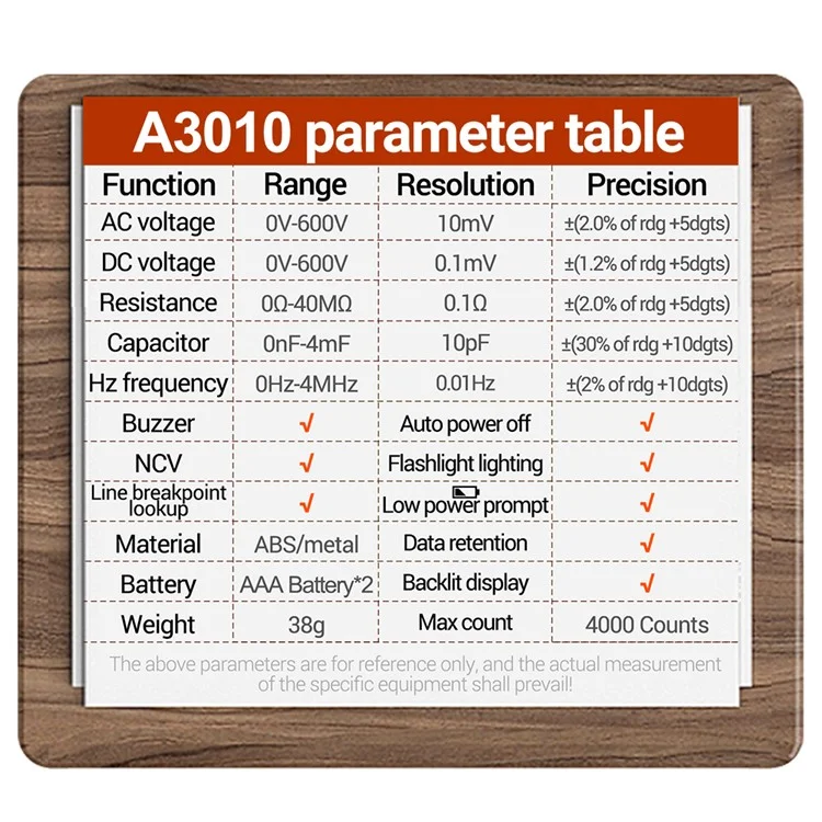 Aneng A3010 2-en-1 Numérique Multimètre Numérique Test de Câble de Stylo de Câchage de Câchage DC / Compteur de Capacité de Tension AC