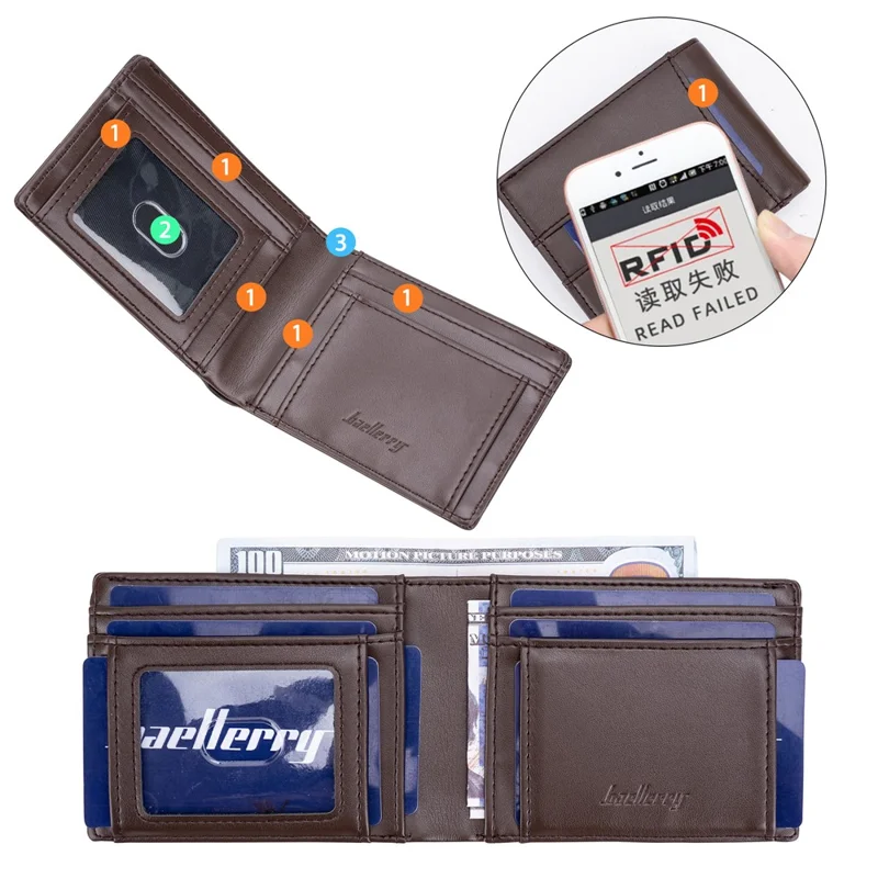 BAELLERRY K9311-K9312 RFID Blocking Bifold Leather Pocket Wallet RFID Blocking Card Bag Coin Purse - Coffee