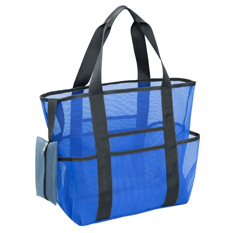 Outdoor Beach Canvas Mesh Bag Multiple Pockets Bath Toiletries Organizer Tote - Blue