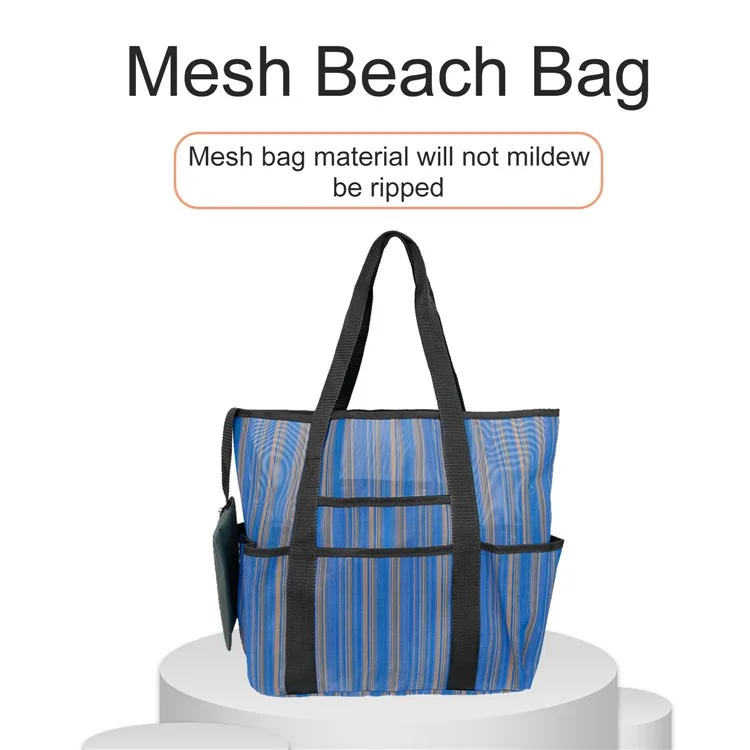Outdoor Beach Canvas Mesh Bag Multiple Pockets Bath Toiletries Organizer Tote - Blue